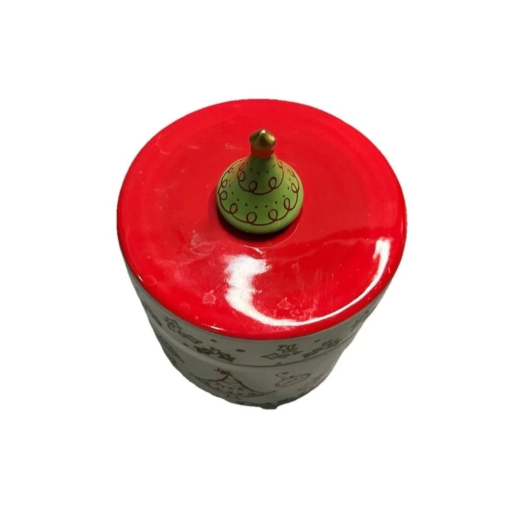 Kohl's Christmas Ceramic Candle Jar Pillar Holder Deck The Halls Tree Lid 5